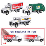 3 Pack Diecast Transport Vehicles Set - Garbage Truck, Tanker, Delivery Truck 1:50 Scale Pull Back Metal Model Car Toys For Boys