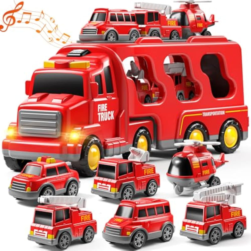 7-In-1 Fire Trucks For 3 4 5 6 Years Old Boys - Transport Car For Toddlers 4-6, Sound And Light Kids Toys For Ages 2-4, Gift For Ages 5-7, 4-8 Year Old Girl Birthday Gifts