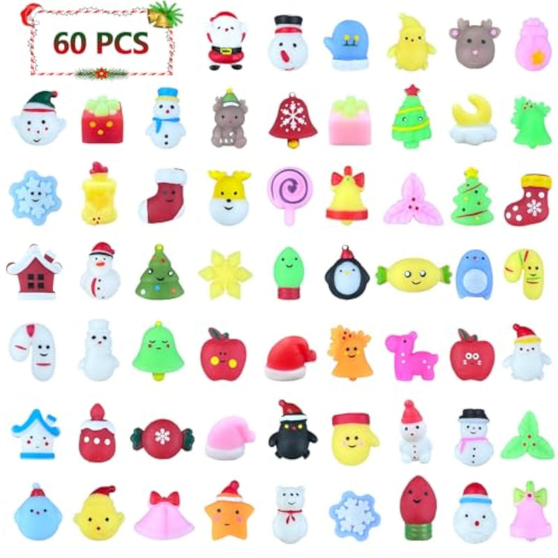 60Pcs Christmas Mochi Squishy Toys, Christmas Squishies Party Favors Fidget Toys Stocking Stuffers For Kids Christmas Goodie Bag Stuffers Gifts Bulk