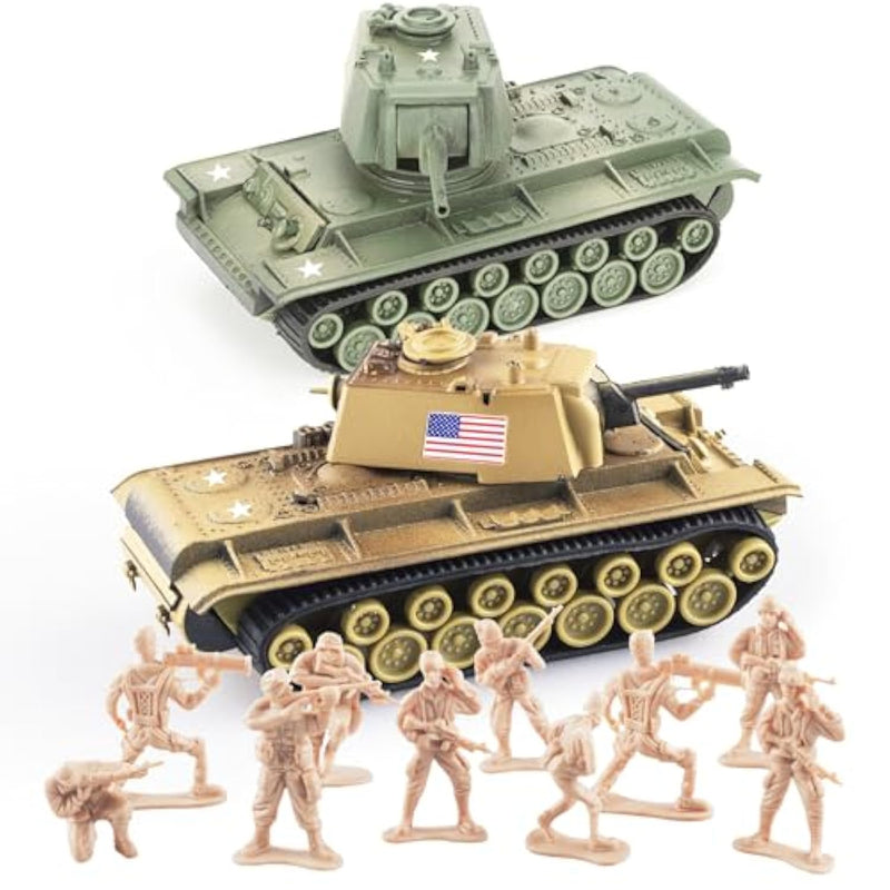 Ww2 Army Tank-6 And Army Men Toys Playset, 2Pc Us Tank Models With 10Pc Toy Soldiers, Desert Tan And Olive Drab Green 1:72 Military Vehicle, Great Military Toy For Kids Boys