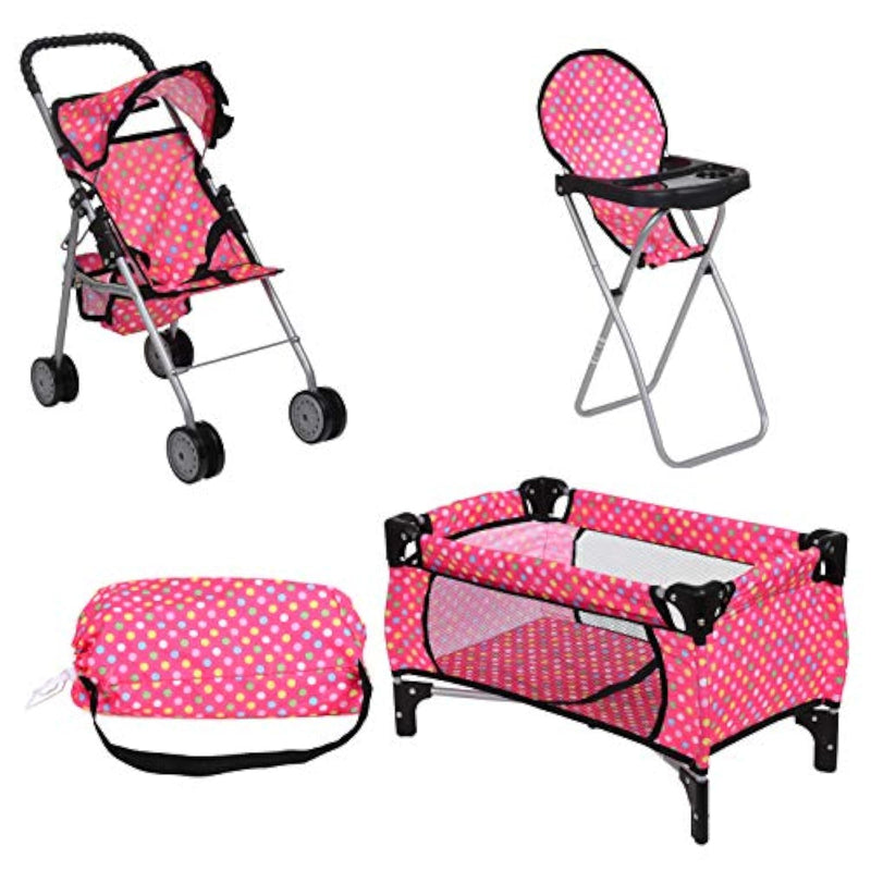 3 Piece Baby Doll Play Set – Polka-Dot Design Pack N Play, Foldable Doll Stroller, High Chair – Fits 18 Inch Dolls – Pretend Play Doll Nursery Accessories Set