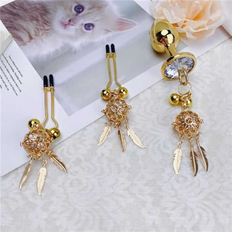 Hollow Bell Breast Clamp Anal Plug Set Sm Feather Metal Back Court Butt Plug Female Flirting Luminous Bullet Anal Plug Sex Toy