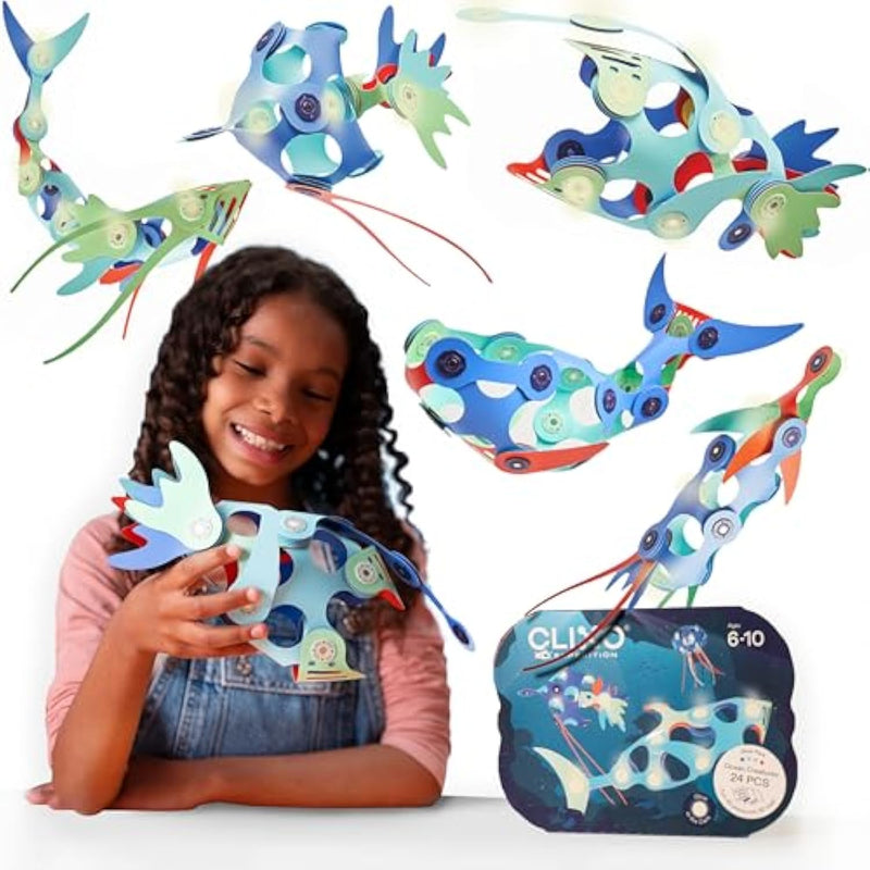 Ocean Creatures Pack - Glow-In-The-Dark Magnetic Building Toy - 24 Flexible Magnet Pieces For Underwater Adventure. Imaginative Stem Toy. Screen Free Kids Gift & Travel. Ages 6+ [New]