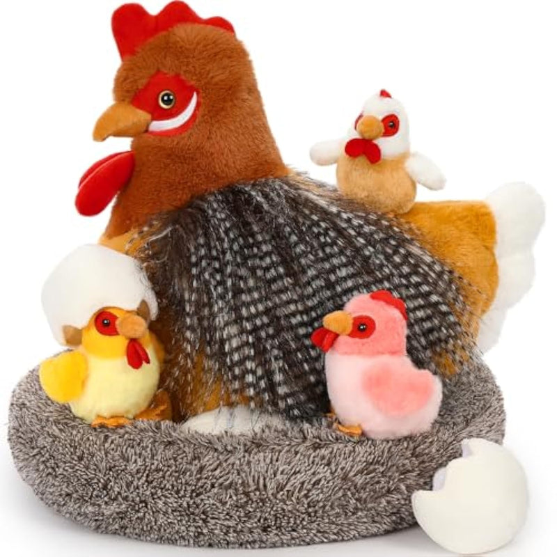 8Pcs Chicken Stuffed Animal, Stuffed Hen With Little Baby Chicks And Coop, Plush Toys For Kids, Hit Of Christmas Farm Party