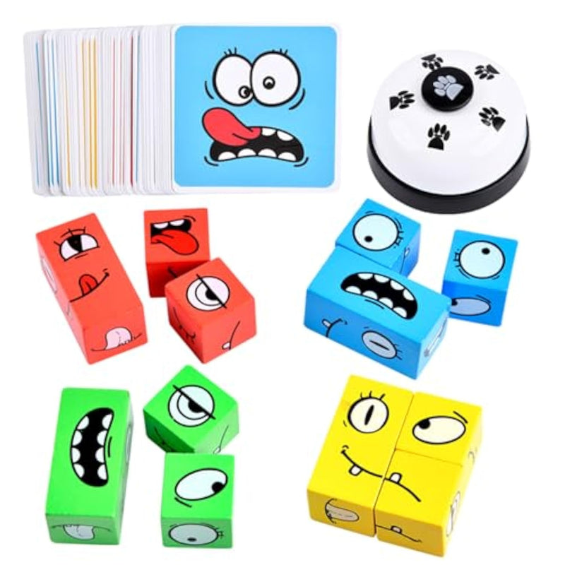Wooden Face Changing Magic Cube Game, Expression Puzzle Building Blocks Pattern Matching Game, Educational Puzzles Toy Board Games For Kids And Adults With Bell