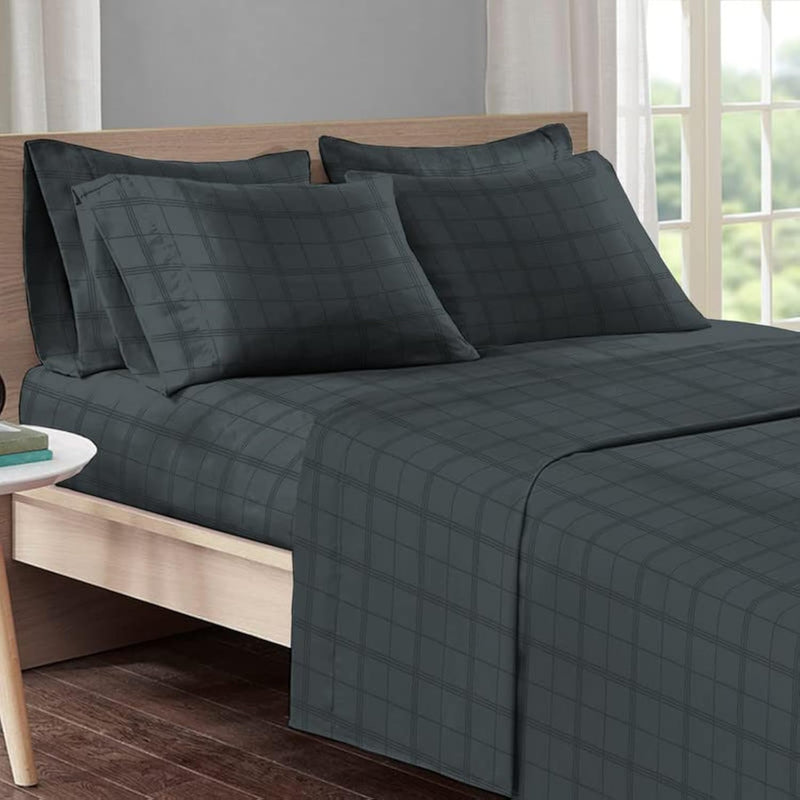 Dobby Striped Twin Cotton Sheets Set Anthracite Grey, 300 Thread Count Long St