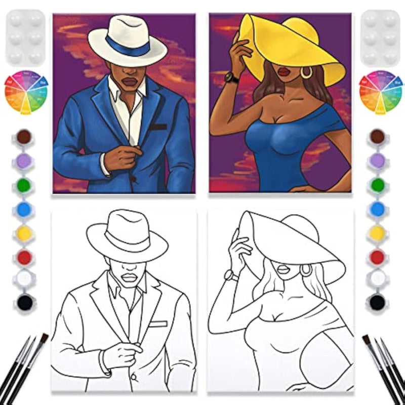 2 Pack Paint And Sip Canvas Painting Kit Pre Drawn Canvas For Painting For Adults Stretched Canvas Couples Games Date Night Gentleman And Lady Paint Party Anniversary Valentines