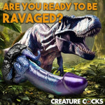 Dino-Dick Dinosaur Silicone Dildo For Men, Women, & Couples. Fantasy Dildo With Strong Suction Cup Base. Harness Compatible, Stimulating Textures, 1 Piece, Large Blue & Purple.