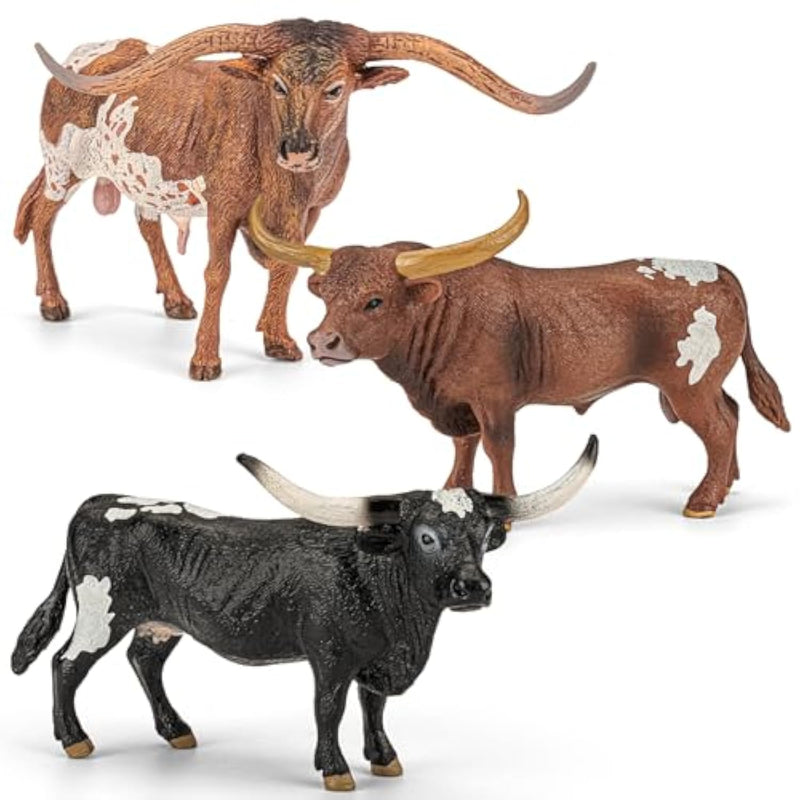 3Pcs 6" Large Farm Texas Longhorn Bull Cow Toys For Toddlers, Solid Farm Animals Toys For Kids, Realistic Plastic Cow Bull Figurines Cake Toppers Birthday Gift Party Favors For Kids