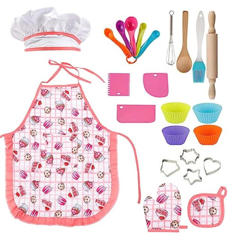 Real Kids Cooking And Baking Set - 24 Pcs Kids Chef Role Play Costume Set Includes Cake Apron, Chef Hat, Cooking Mitt, Utensils, Cupcake Molds For Toddler Boys And Girls Ages 3+