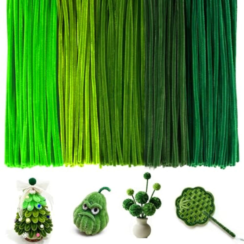 200 Pcs Green Pipe Cleaners, 5 Shades, 12 Inch Chenille Stems for Crafts & Decorations