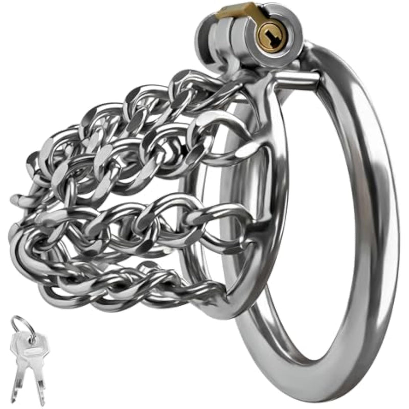 Stainless Steel Chain Chastity Cage Hollow Breathable Comfort Mesh Chastity Device Keyed Penis Locking Cock Cage Adult Sex Toys For Male (L)