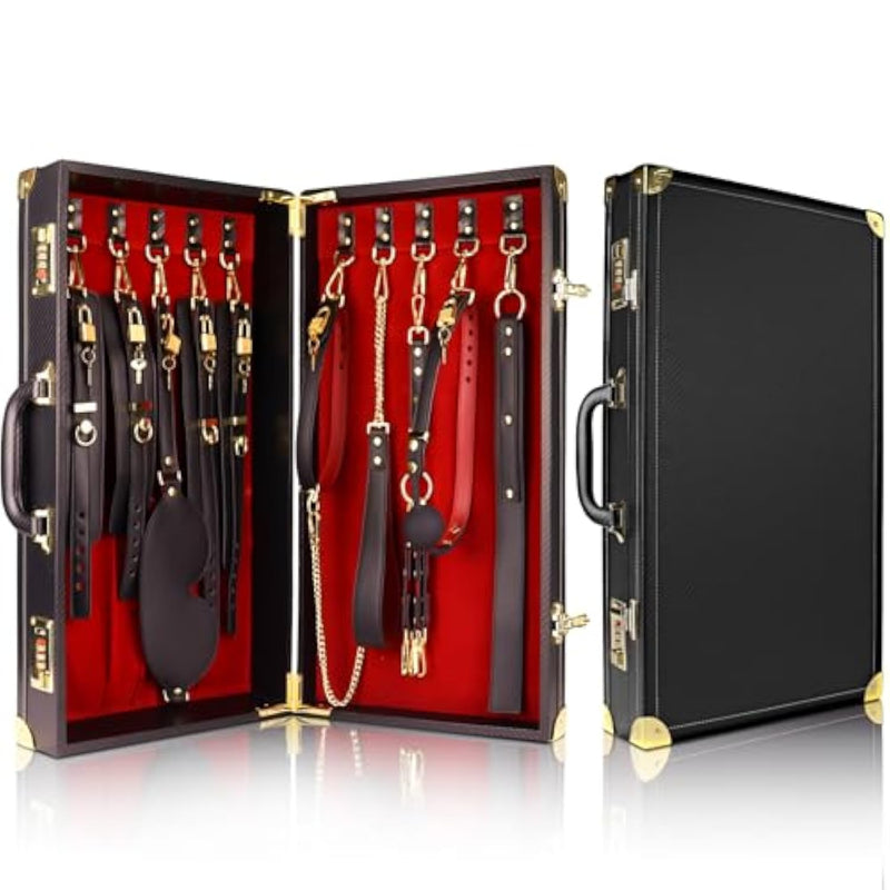Lockable Sex Bondage Bdsm Kits With Suitcase, 7 Pcs Leather Adjustable Restraints Set With Small Lock And Keys,Adult Sex Toys For Couple Beginner Sm Game Play