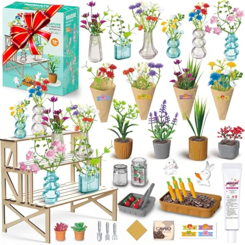 70 Pcs Make It Miniature Brands Nature Garden Plants Set, Mini Botanical Collectibles, Tiny Paper Flower Bouquet Diy Craft Kit, With Wood Display Stand, Miniature Toy Gift For Kids And Adults