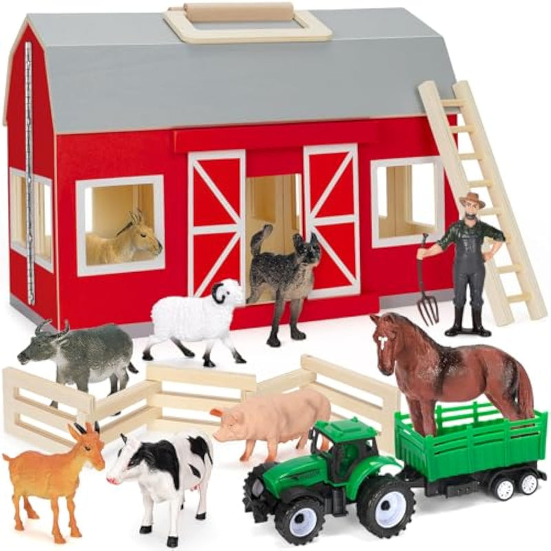 Farm Animals Toys For 3+ Year Old Kids Toddlers Girls Boys, Large Wooden Barn With Animal Play Figures, Farm Playset Educational Learning Toys, Ideal Christmas Birthday Gifts