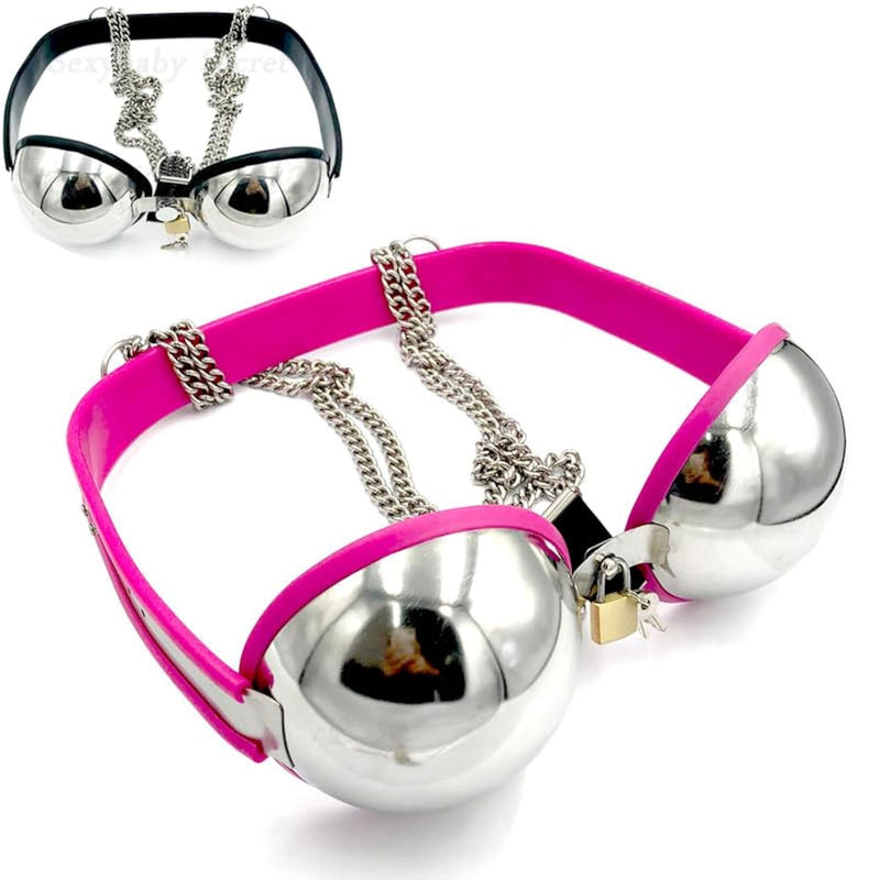Female Chastity Device Bra Stainless Steel Adjustable Bdsm Slave Metal Lockable Underwear Chain Bondage Game Erotic Slave Fetish Sex Toy (Pink)