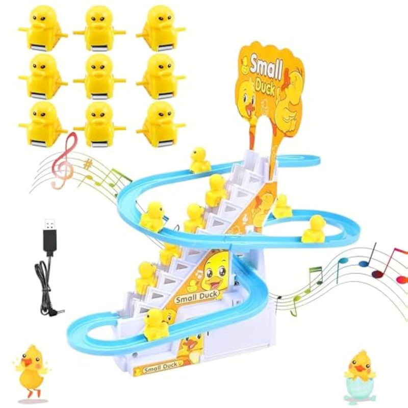 Small Ducks Climbing Toys, Electric Llittle Duck Climbing Stairs Toy, Duck Roller Coaster Tracks Slide Set With 9 Ducks Led Lights And Music, Small Duck Ladder Toy For Toddlers And Kids