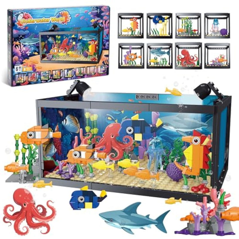 8 In 1 Fish Tank Building Sets, Marine Aquarium Building Block With Led Light Party Favors 9 Model Toy Including Octopus Crab, Christmas Birthday Gifts For Boys Girls Kids Ages 6 8 10 12+