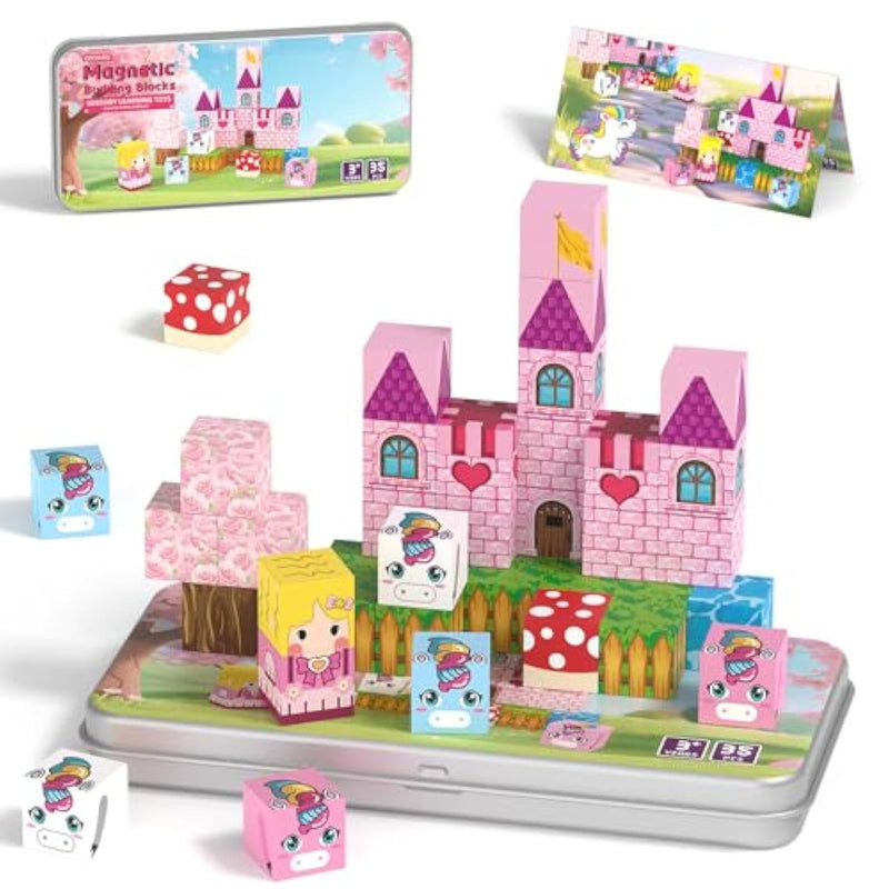 Mini Magnetic Blocks, Magnetic Blocks Travel With Portable Iron Storage Box, 35Pcs Magnet Building Blocks For Toddlers, Stem Educational Magnet Toys For Ages 3 4 5 6 7 8 Boys Girls, Unicorn