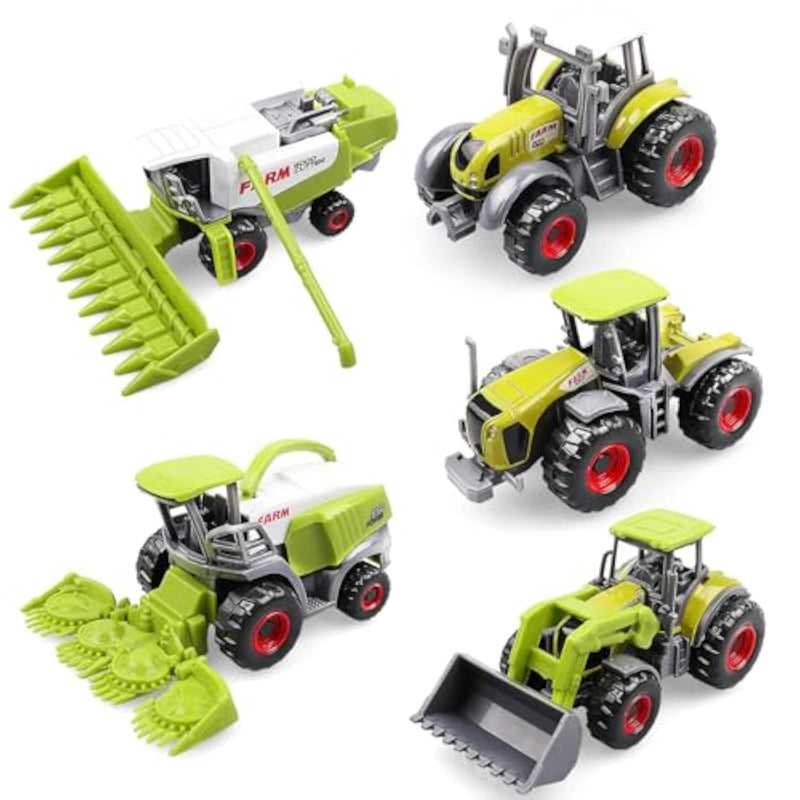 5 Pack Diecast Farm Tractor Toys - Mini Farm Vehicle Set With Combine Harvester, Forage Harvester And Trucks - Alloy With Plastic Parts Tractors - Christmas Birthday Gifts & Party Favors