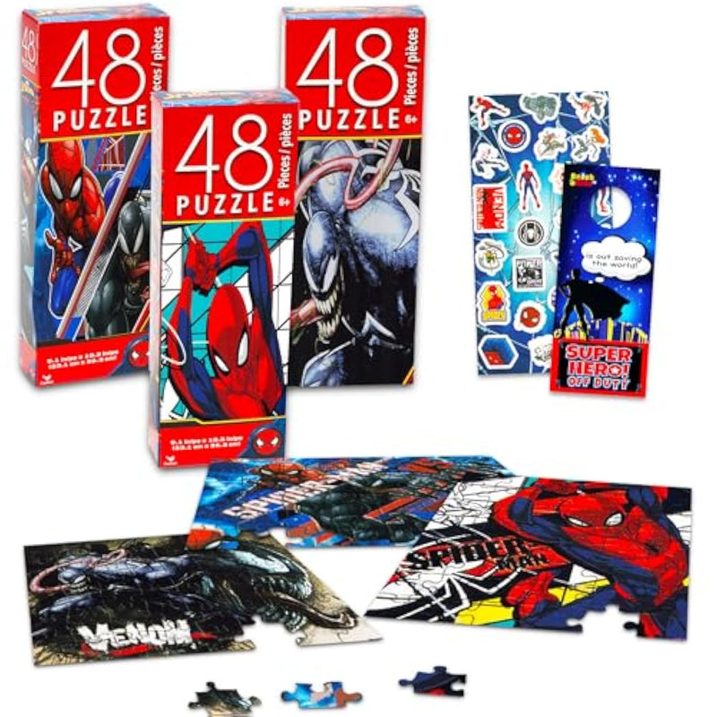 Marvel Spiderman Jigsaw Puzzle for Kids Bundle Spiderman Activity Set - 3 Pack Spiderman Jigsaw Puzzles 48 Piece Each with Spiderman Stickers (Spiderman Toys for Boys)