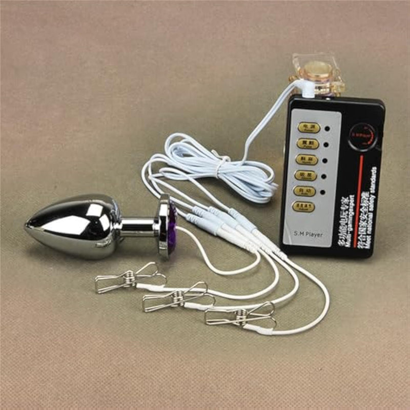 Bullet Metal Anal Plug Luxurious Gemstone Base Electric Shock Anal Plug 3Pcs Nipple Clip Electric Shock Set Female Sex Toy