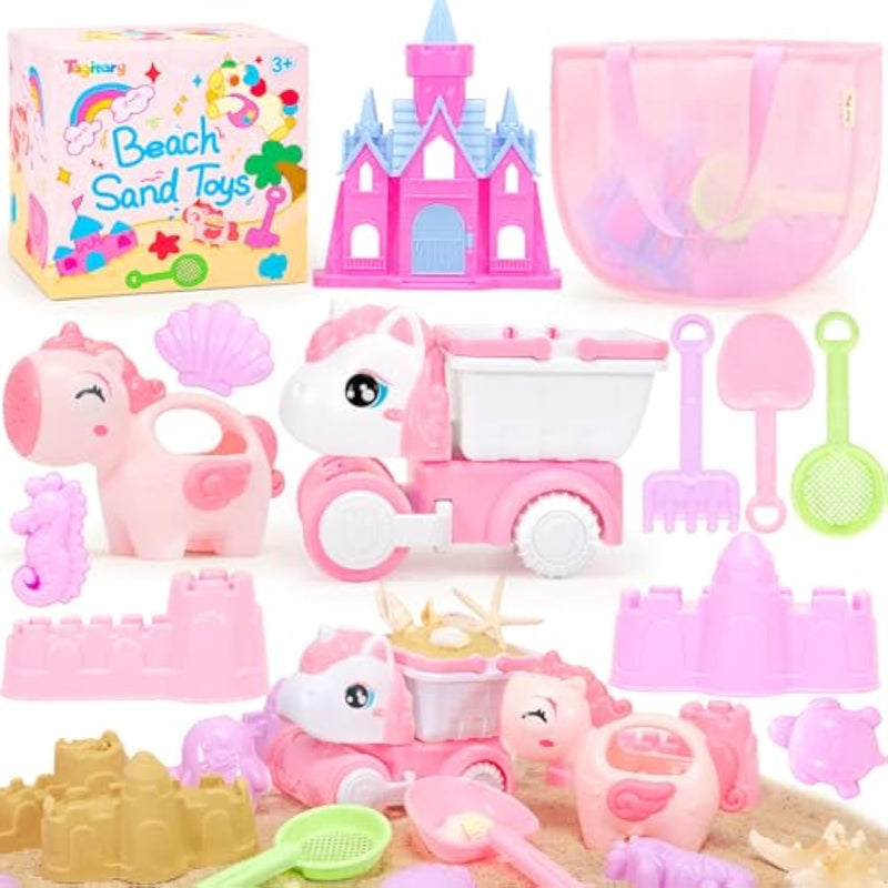 Beach Toy Unicorn Sand Toys For Kids,Sand Castle Toys For Beach With Mesh Bag,Sand Shovels,Castle Kits,Sifters,Unicorn Watering Can And Truck,Beach Essential Outdoor Toys For Kids