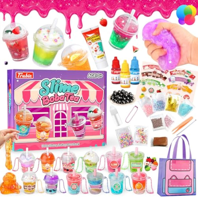 46Pcs Slime Boba Tea Making Kit For Girls Ages 8-12, Diy Pretend Play Food Toys, Bubble Tea Cups/Bag/Clear Slime/Add-Ins, Making Miniature Food, Christmas Party Favors Gift For Kids 6 7 9 10 11