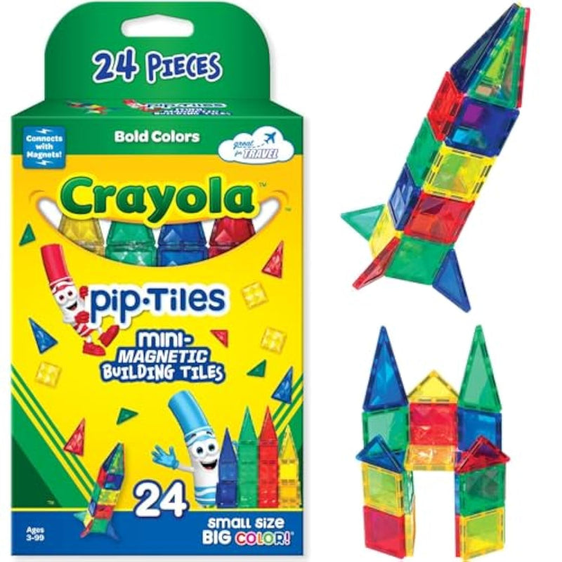 Crayola Mini Magnetic Pip-Tiles, Bold Colors - Building Set For Kids, Magnetic Building Toys For Kids, Stem Travel Toys For Boys And Girls Ages 3+, 24-Piece Set (Bold)