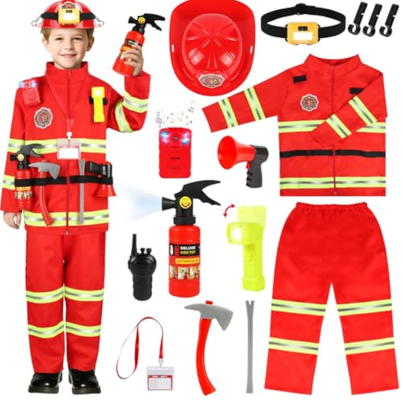 Firefighter Costume For Kids, Fireman Costume With Firefighter Tools, Fire Extinguisher, Helmet Light, Right Angle Flashlight, Kids Dress Up Clothes, Pretend Play Toys Gifts For Boys Age 4+