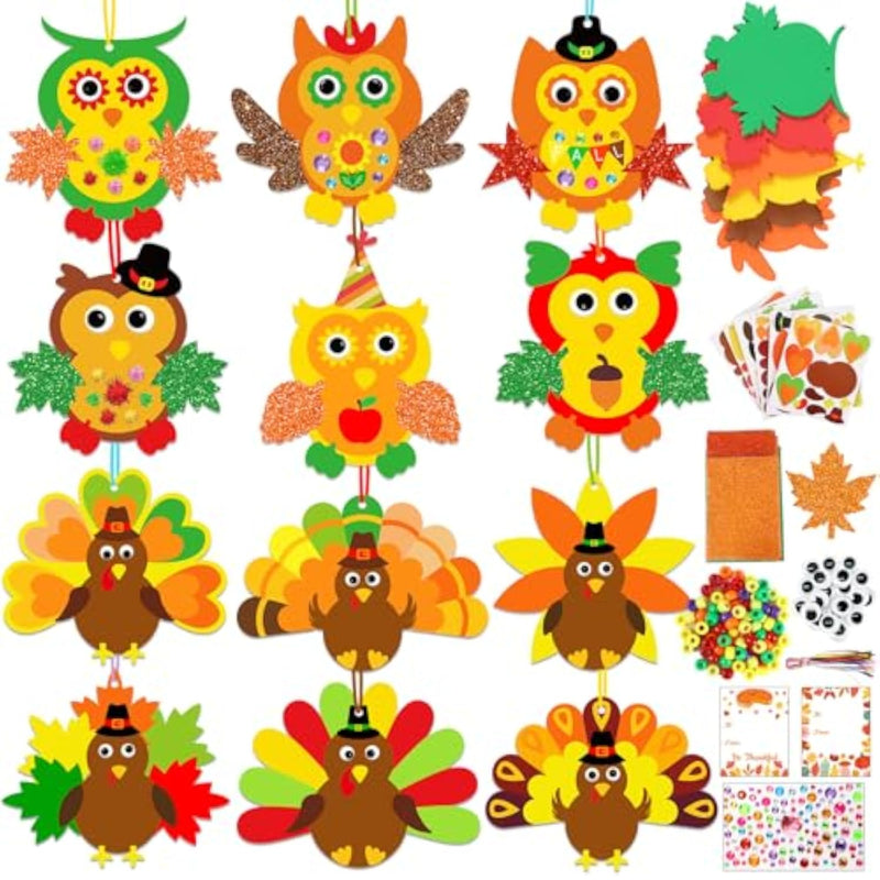 24 Sets Thanksgiving Craft Kit with Turkey, Owl Foam Cards & Glitter Stickers