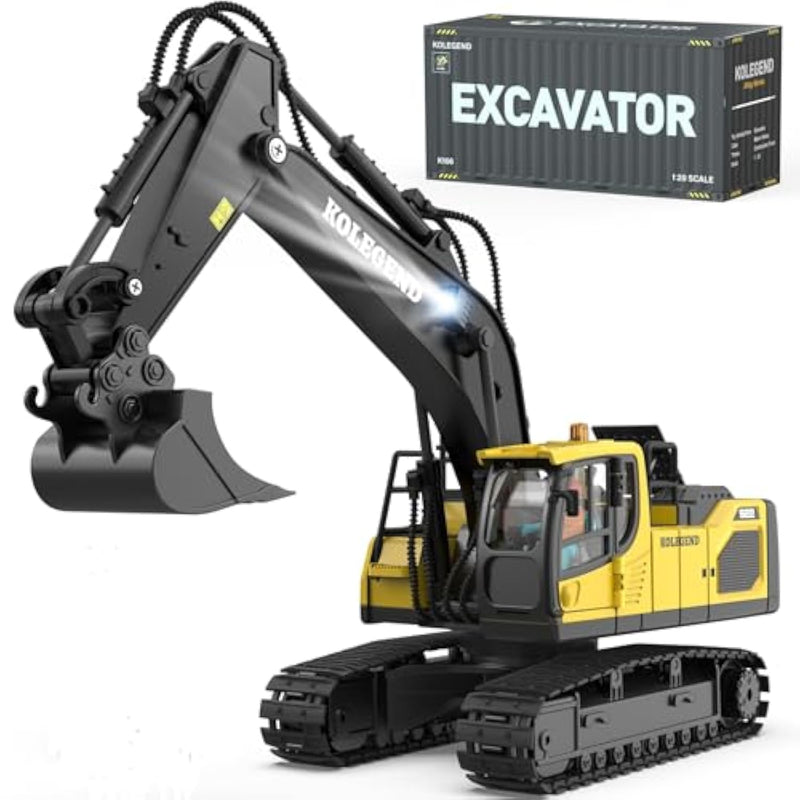 Remote Control Excavator Toy For Boy 2 Batteries- 1/20 Scale Remote Control Digger With Alloy Shovel, Infinitely Rotating Cab, Lights & Sounds - Gift For Kids Ages 6,7,8,9,10