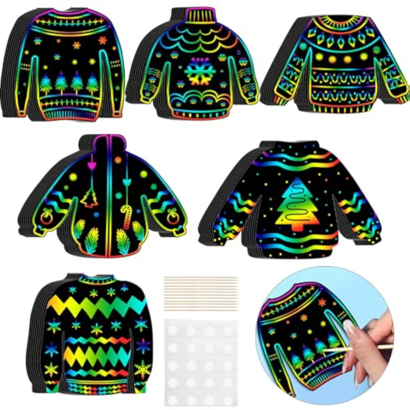 48 Pcs Ugly Sweater Scratch Cards Rainbow Christmas Tree Ornaments