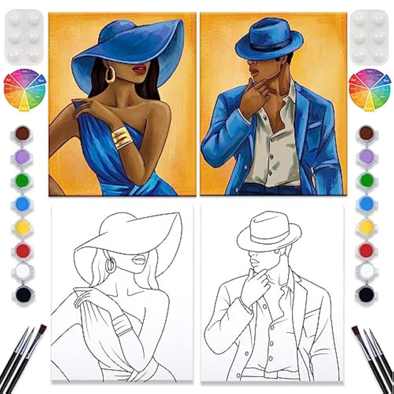 2 Pack Paint And Sip Canvas Painting Kit Pre Drawn Canvas For Painting For Adults Stretched Canvas Couples Games Date Night Afro Elegant Gentleman And Lady Couple Paint Party Valentines