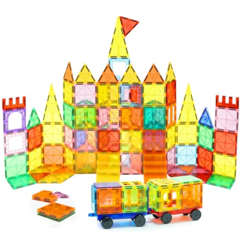130 Pcs Magnetic Tiles,Magnetic Building Blocks With 2 Cars,Magnet Tiles 3D Clear Construction Stem Preschool Sensory Educational Toys Set For Kids Toddlers Boys 3 4 5 6 7 8 9+ Year Old