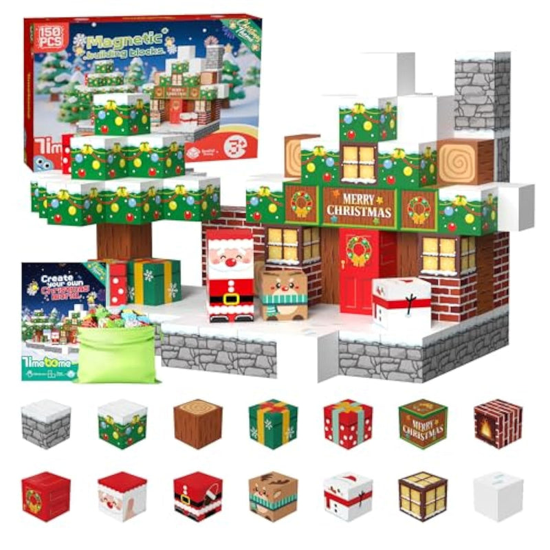 Magnetic Blocks, 150Pcs Magnetic Building Block Cubes, Stem Montessori Sensory Toys For Kids Boys Girls Ages 3 4 5 6 7 8 9 10 (Christmas Version)