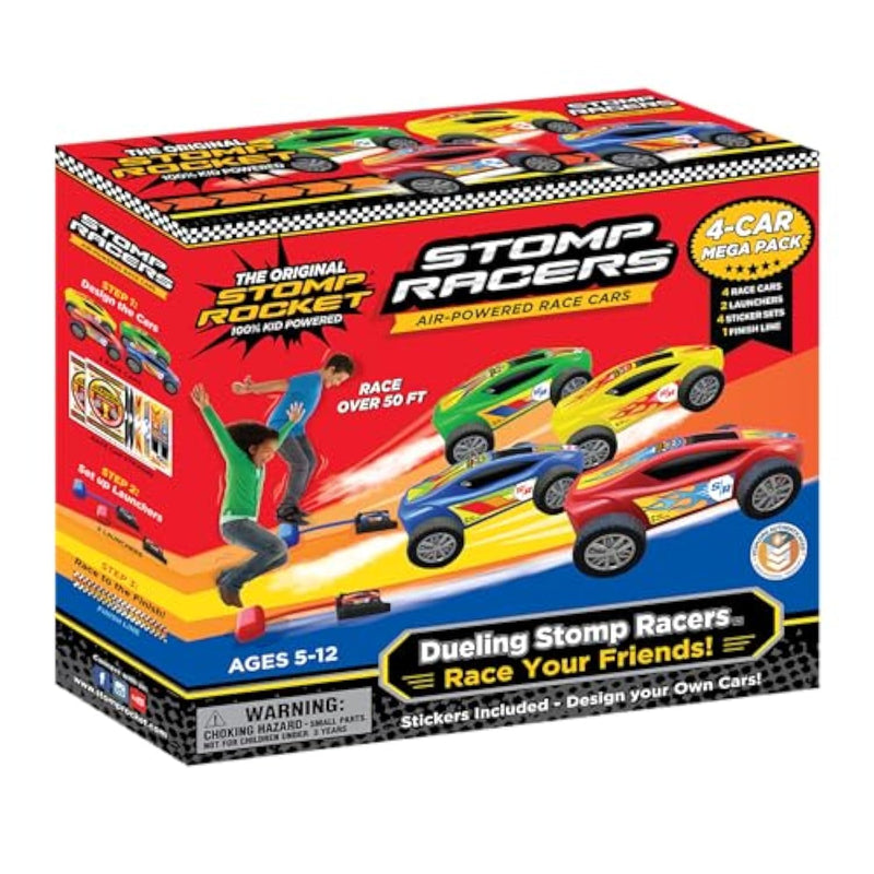 Stomp Racers Air Powered Race Cars by Stomp Rocket, 4 Car Mega Pack - Dueling Stomp Racers Toy Car Launcher - Fun Backyard & Outdoor Multi-Player Kids Toys Gifts for Boys, Girls & Toddlers