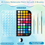 48 Color Solid Watercolor Paint Set with 3 Wooden Brushes for Adults and Kids