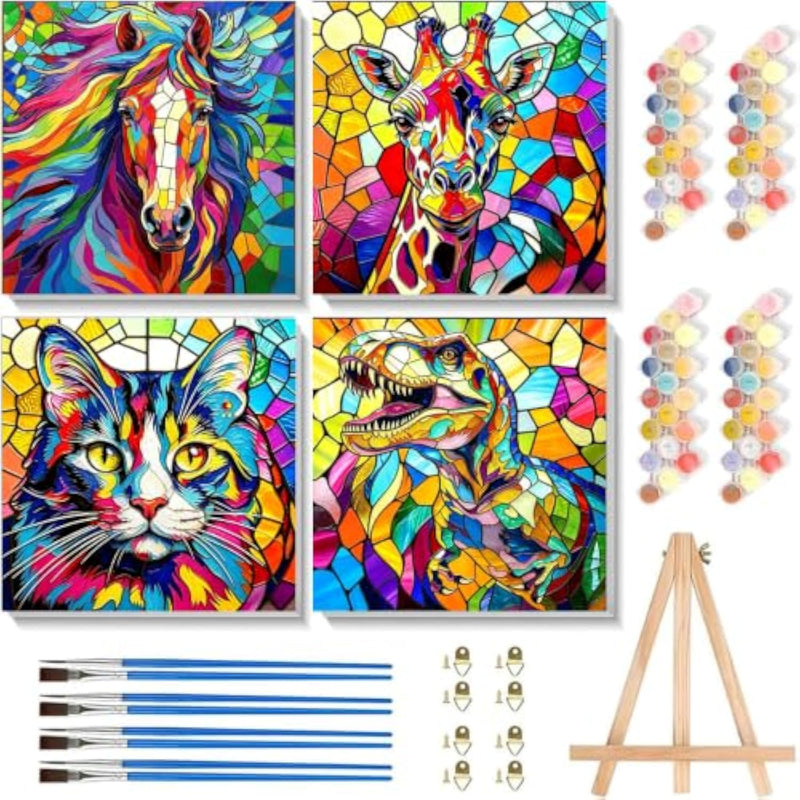 4 Pack Animals Paint by Numbers Kit for Kids with 8x8 Inch Frame