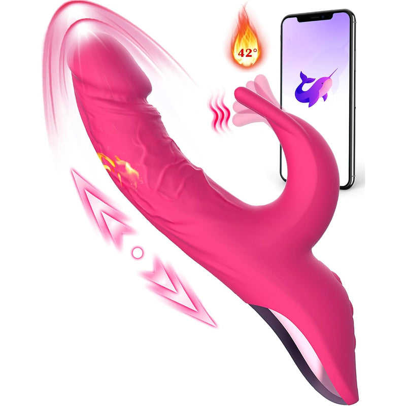 Thrusting Dildo Vibrator Adult Sex Toys For Women - 5In1 App Control Adult Toys With 5 Thrust Dildos & Flapping Bunny & One-Click Burst, G Spot Vibrators Rose Sex Toy With Heating Function Sex Machine