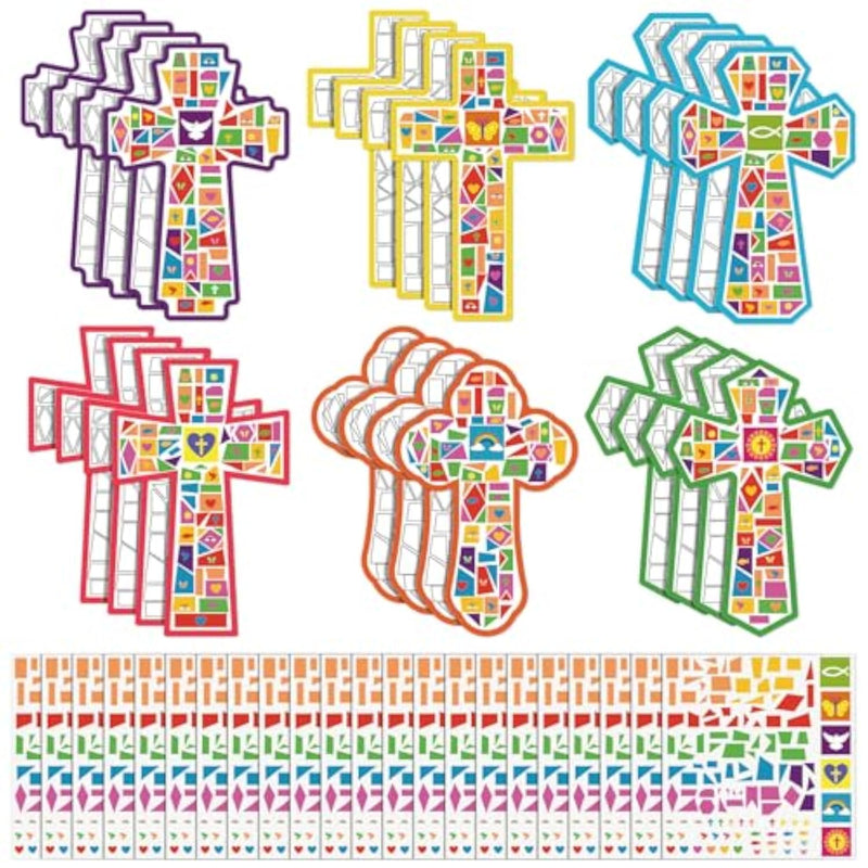 24 Sets Cross Mosaic Sticker Scenes Religious Cross Crafts Kits for Church or Home Activities