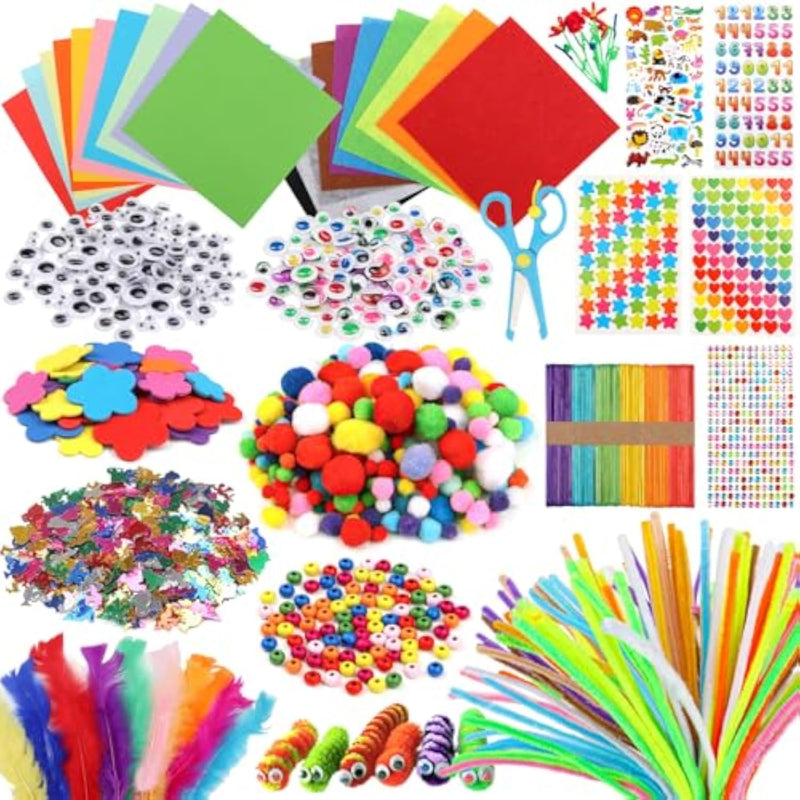 1500+ Pcs Pipe Cleaners Craft Supplies Kit with Pom Poms, Feathers & Wiggle Eyes