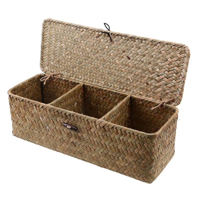 Laundry Basket 3- Grid Water Hyacinth Storage Bins: Seagrass Wicker Baskets With
