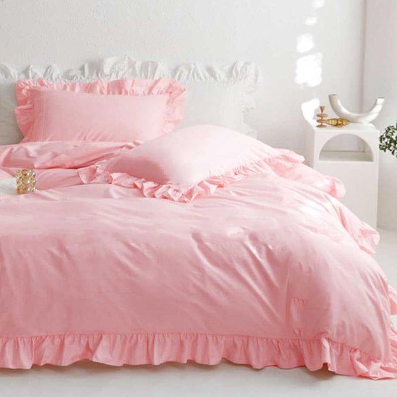 Queen Size Comforter Set, Pink Ruffled Preppy Decor Down Alternative Bed Sets
