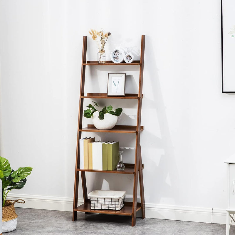 Bamboo Ladder Shelf, 5-Tier Trapezoid Bookshelf, Storage Rack Shelves, Wall Sh