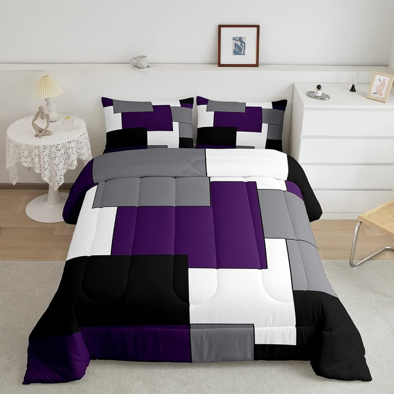 Grey Purple White Black Bedding Set,Geometry Square Comforter Set Twin,Young M