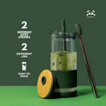 Glass Cups With Lids and Straws -20 Fl Oz- Perfect Size Iced Coffee Cup - Smoothie Cup With Bamboo Lid and On the go Lid - Glass Tumbler With Straw (1 Count (Pack of 1), Mediterranean Olive)