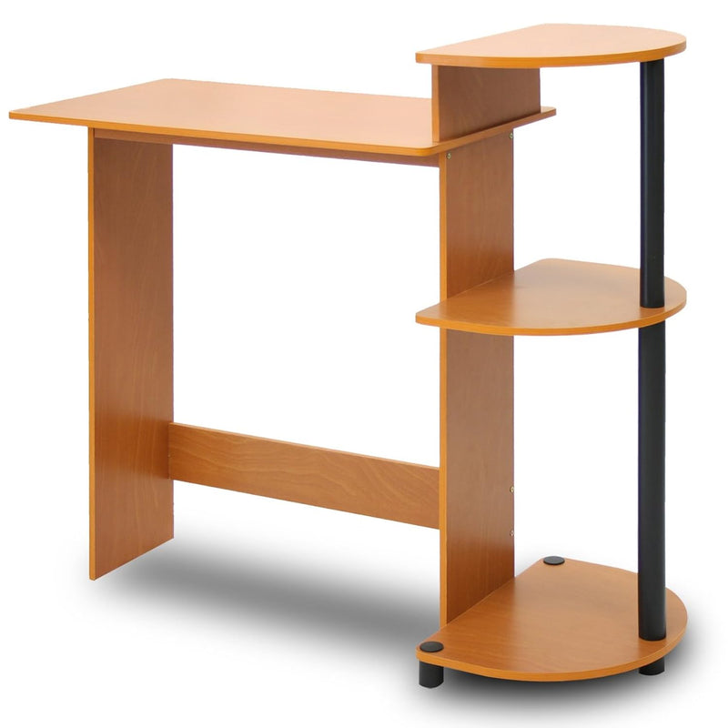 Compact Computer Desk With Shelves, Round Side, Light Cherry/Black