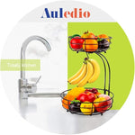 Iron 2-Tier Countertop Fruit Vegetables Basket Bowl Storage With Banana Hanger, Black, 64 ounces