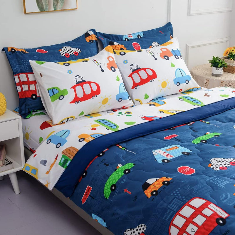 Cartoon Cars Comforter Set Bed In A Bag Full Size Colorful Cars Bus Van Traffi
